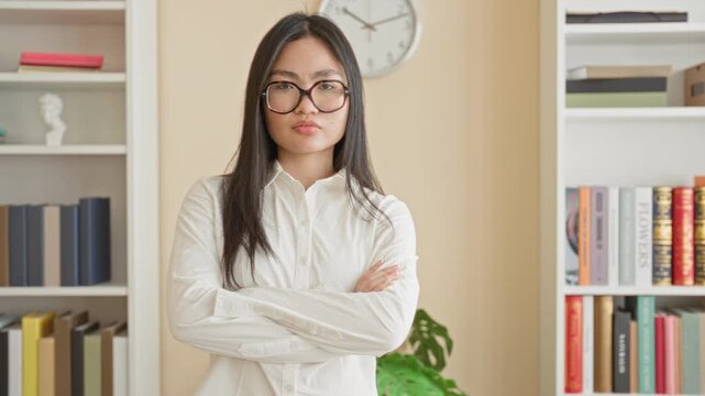Woman wearing glasses with arms crossed and unsmiling gaze in a home office lined with books and a clock; confidence determination.