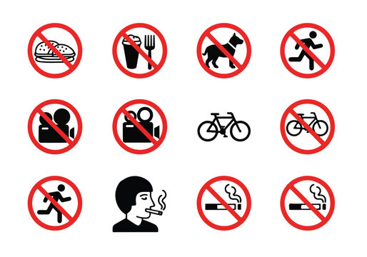 No smoking, no alcohol, and no littering signs with bicycle icons on white background