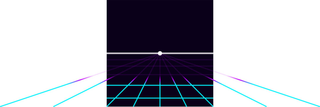 Purple neon grid floor receding into a vanishing point on a minimal solid black illustration