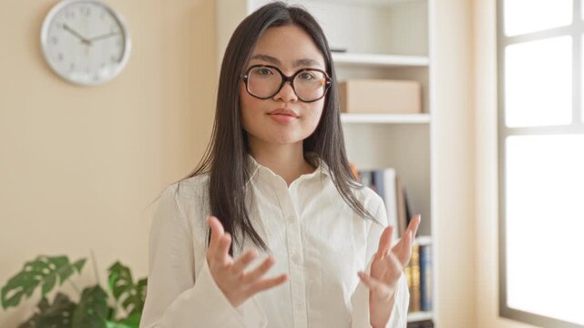 Woman gesturing with hands while talking in a building office with clock, bookshelf and window visible; communication confidence.