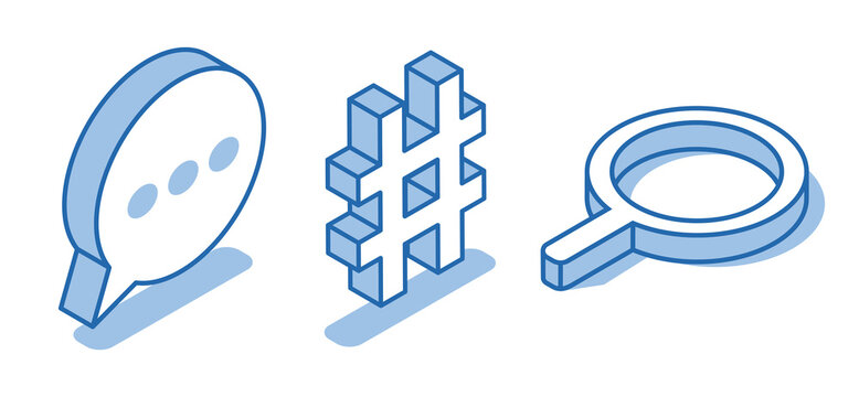 Isometric vector set of hash mark icons near magnifying glass and text bubble isolated on white background, hashtags and messages