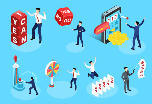 Isometric vector set of illustrations on the theme of luck in business and games on a blue background