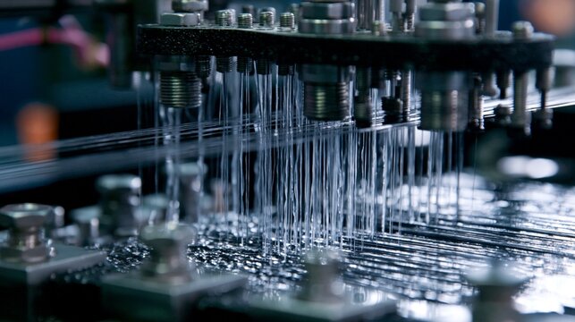 Industrial medium shot showing fibers being processed on a biopitch feedstock line for advanced carbon product manufacturing.