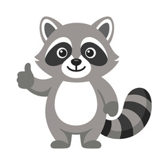 Fototapeta premium Grey raccoon cartoon character standing and giving a confident thumbs up hand gesture vector