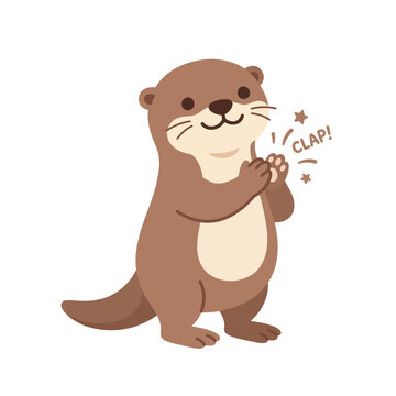 Brown sea otter cartoon character standing and clapping hands with happy facial expression vector