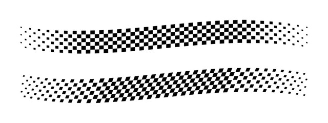 Wavy checkered banners with vanishing effect. Taxi or police car borders. Rally flag textures. Motocross or chess game competitions print. Start or finish concept. Vector graphic illustration © Andrii