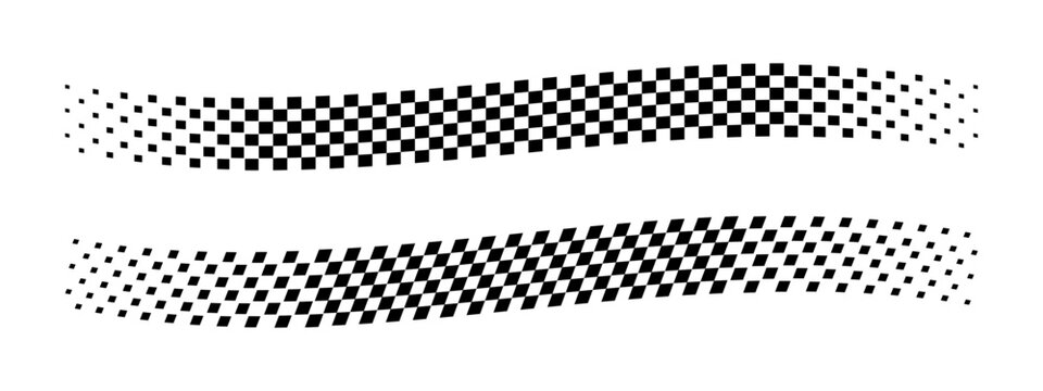 Wavy checkered banners with vanishing effect. Taxi or police car borders. Rally flag textures. Motocross or chess game competitions print. Start or finish concept. Vector graphic illustration