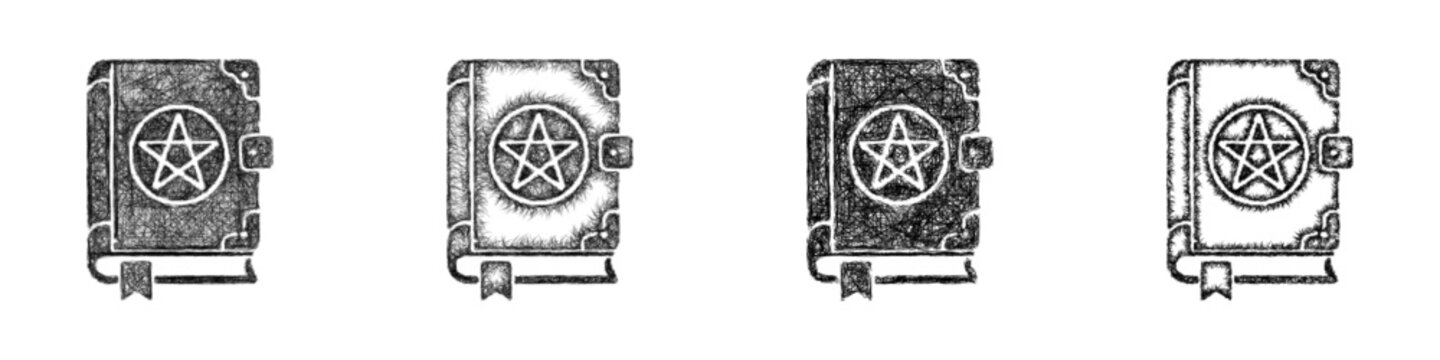 Sketch black and white spell book icon design set