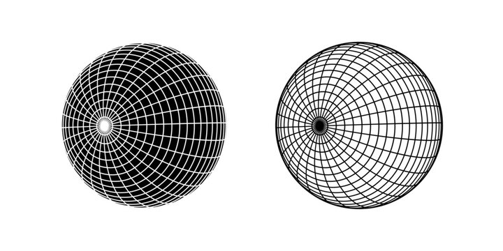 Globe figures with wireframe structure in perspective. Meshed balls isolated on white background. Earth spheres with black and white longitude and latitude lines. Vector graphic illustration
