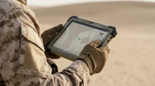 African American soldier using rugged tablet in desert. Military personnel reviewing digital data during field operations. Modern defense technology and communication concept in arid terrain.