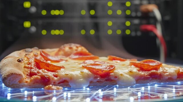 Hot Pepperoni Pizza Slice Steaming on Glowing Futuristic Tech Cooling Platform