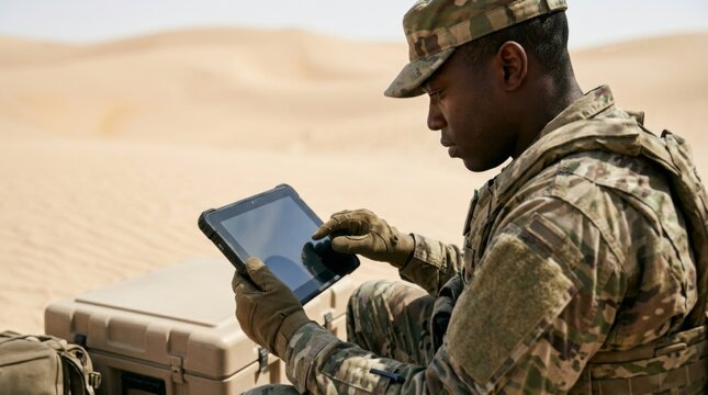 African American soldier using rugged tablet in desert. Military personnel reviewing digital data during field operations. Modern defense technology and communication concept in arid terrain.