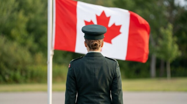 Woman soldier standing in camouflage uniform before Canadian flag. Female Canadian forces member at outdoor military event. Patriotism and national service concept.