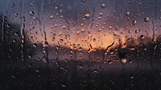 Twilight rain on window pane against dark dusk sky background