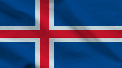 Fototapeta premium National flag of Iceland on wavy cloth. Features a red cross with white borders on a blue field. Top-down view for Nordic travel, history, and independence day themes.