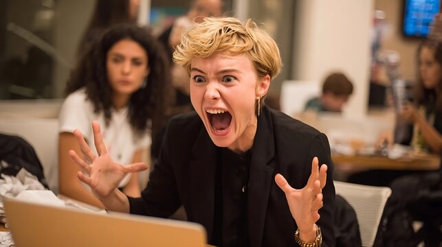 Young woman with short blonde hair shouts in frustration while looking at a laptop in a busy indoor setting with other people blurred in the