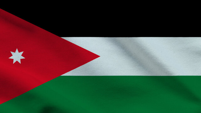 High-quality top-down view of the Jordan flag on wavy cloth. Features the pan-Arab colors and a seven-pointed star. Ideal for national holidays and Middle East themes.