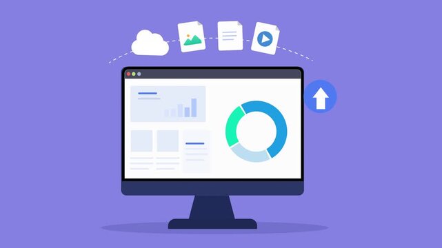 Animated flat dashboard interface featuring circular analytics chart, upload action icon, desktop monitor, and modern business technology scene.