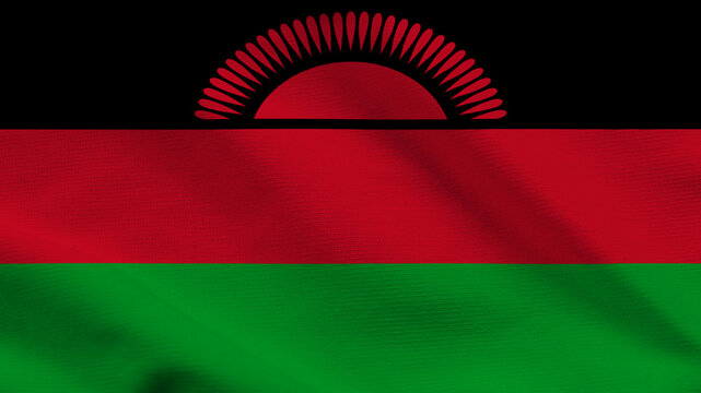 National flag of Malawi on wavy cloth. Features black, red, and green horizontal bars with a red sun symbol. Top-down view for national celebrations and independence day events.