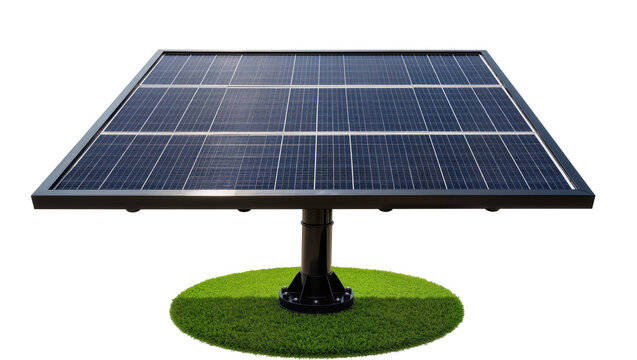 Solar panel on black pole over green grass patch