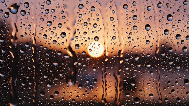 Raindrops on glass with sun glowing through during golden hour