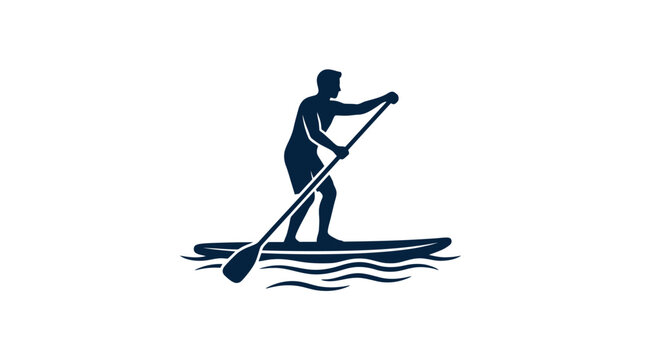 Paddleboarder maneuvers through calm water using a long oar while maintaining balance on a flat board in this outdoor sports activity.