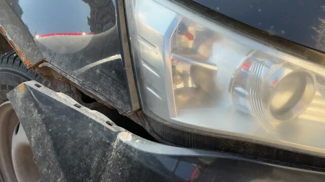 Close-up damaged black car front shows torn bumper and rusted fender, headlight illuminated, steel wheel with scuff marks, gravel.