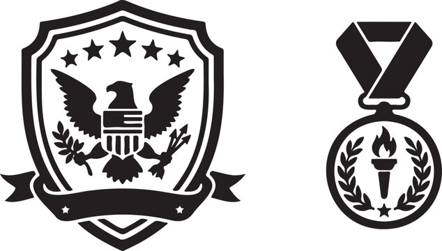 American shield icon and medal with torch