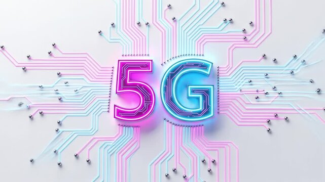 Neon 5G logo on circuit board with glowing pink and blue traces. Future high speed wireless technology concept 3D animation loop
