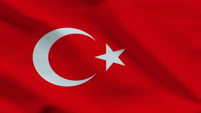 National flag of Turkey on wavy cloth. Features red field with white crescent moon and star. Professional top-down view for news, history, and national independence day themes.