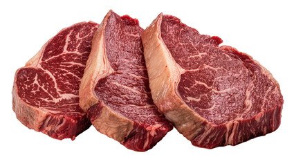 Fototapeta premium Three raw marbled beef steaks with fat