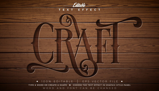 Craft Editable Text Effect Design Vector Graphic Style with Vintage Wooden Typography Lettering and Shadow on Wood Background. Scalable Engraved Texture Luxury Illustration Template for Greeting Card