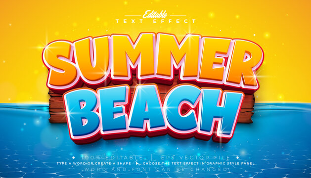 Hello Summer Editable Text Effect Design Vector Graphic Style with Vintage Wood Board and 3d Typography Lettering on Ocean Landscape Background. Premium Vacation Holiday Illustration Template