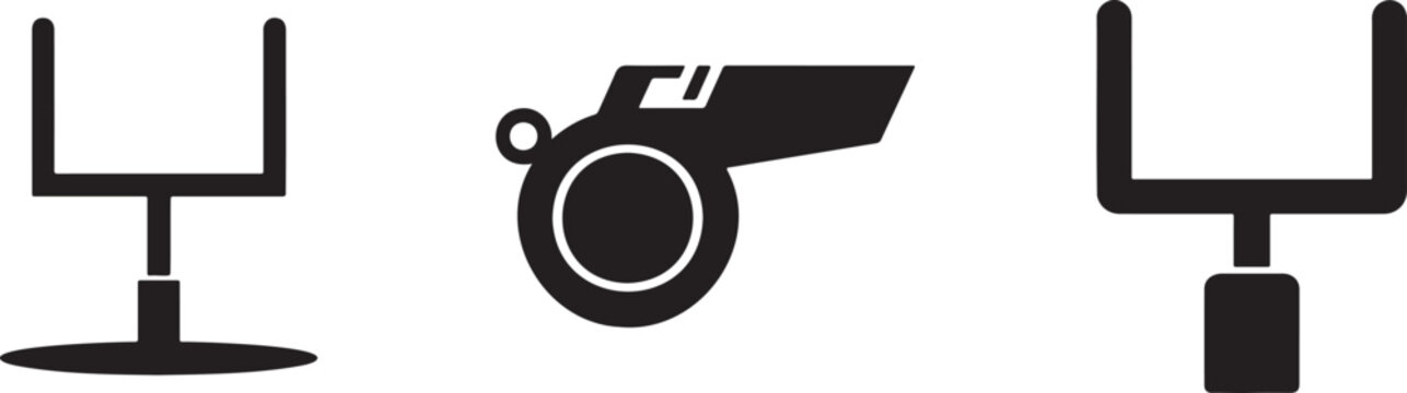 Black football goalpost and referee whistle icons