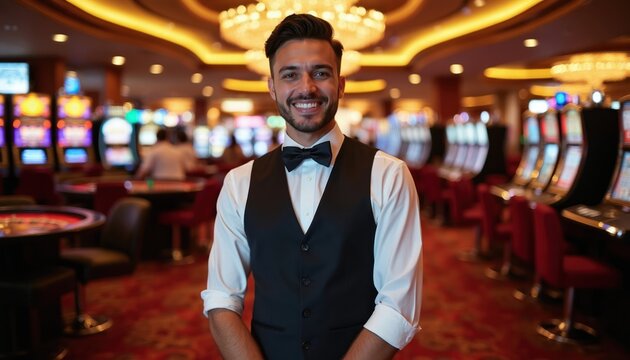 Casino worker in tuxedo uniform smiles at camera. Behind him are slot machines and roulette table. Interior shows luxury casino atmosphere and entertainment. This place offers fun and games.