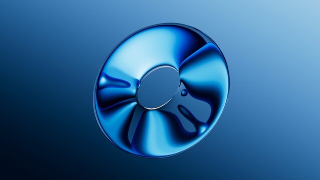 A shiny blue metallic disc with reflective surfaces and a central hole floats against a gradient blue background. 3d render illustration.