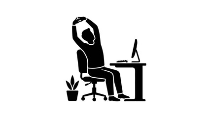 Fototapeta premium Employee sits at a desk and stretches arms overhead to relieve back tension during a long workday.