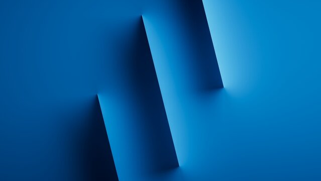 Three blue rectangular shapes stand on a smooth surface, casting soft shadows against a monochromatic blue background. 3d render illustration.