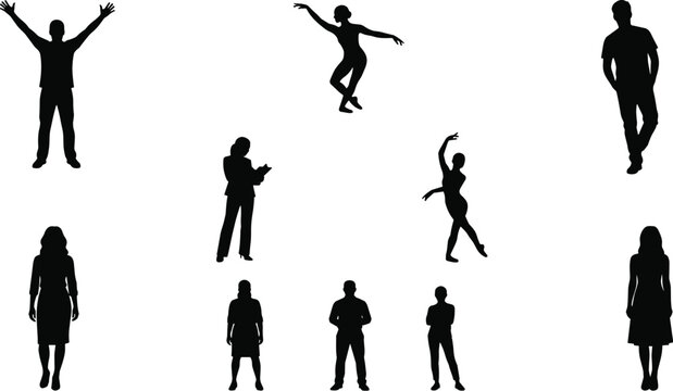 Vector silhouettes of diverse men and women in various poses including standing casually dancing ballet and raising hands in celebration