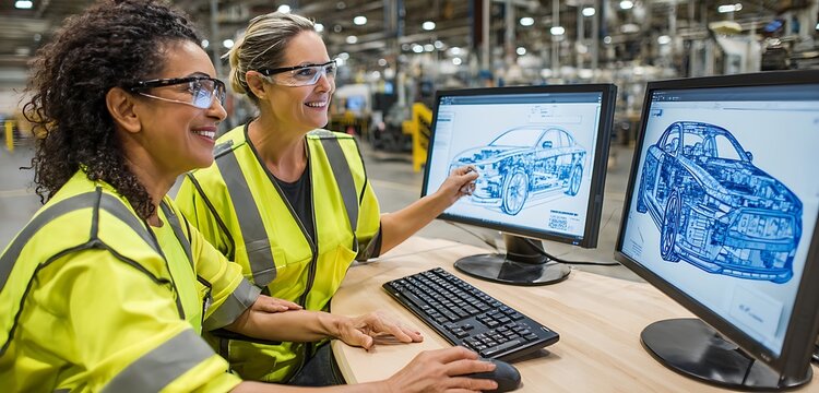 Two women in yellow safety vests and glasses collaborate while looking at computer screens displaying car blueprints in a factory setting