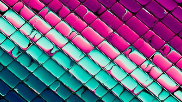 Geometric pink and blue glass grid with glowing highlights and high contrast. Sharp lines and deep colors give a bold modern look. 3D render illustration.