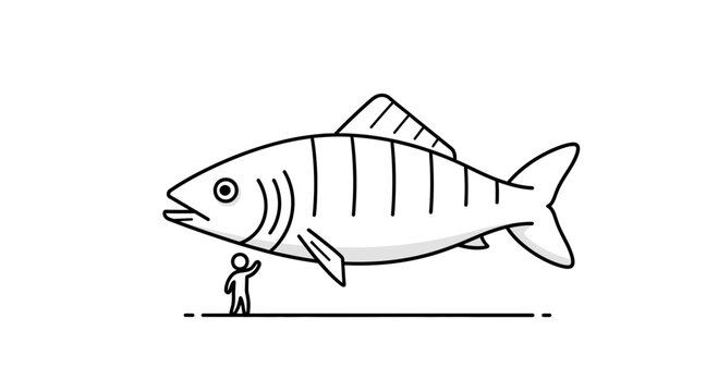 Tiny Person Standing Next to Giant Fish Illustration - Concept of Scale and Proportion