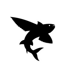 Fototapeta premium Stylized black silhouette of a flying fish with sleek body and detailed fins against a white background emphasizing aquatic