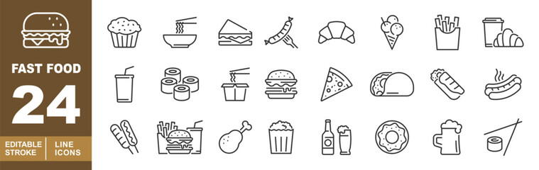 Fast Food Line Icon Set. Cupcake, noodles, sandwich, sausage, croissant, icecream, fries, coffee, drink, sushi, burger, pizza, taco, burrito, hotdog, drumstick, popcorn, beer, donut, meal.