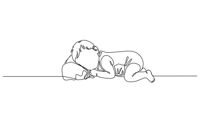 animated continuous line drawing of cute baby sleeping on stomach, line art animation