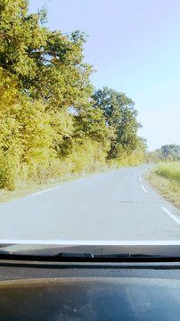 Car dashboard view while traveling on the countryside road on a sunny day