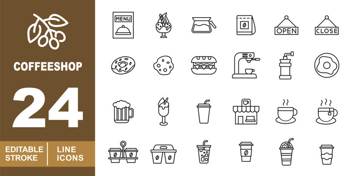 Coffeeshop Line Icon Set. Menu, ice-cream, pot, bag, open, close, donut, cookie, sandwich, maker, grinder, egg, mug, milkshake, cup, shop, coffee, tea, holder, carrier, frappe, cafe, beverage.