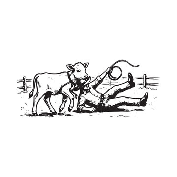 A cowboy falling down while trying to rope a calf in a corral