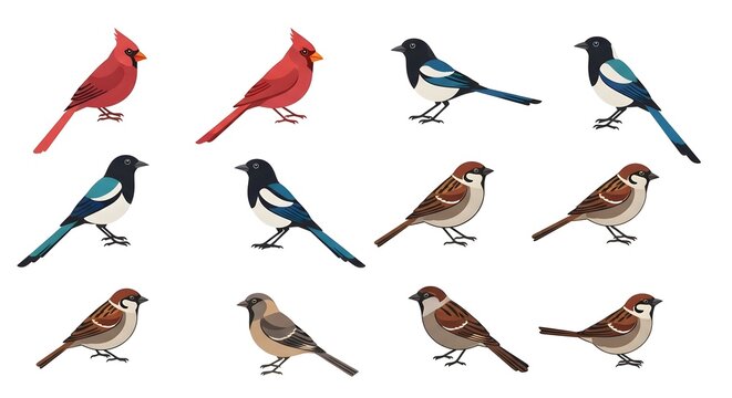 Collection of Various Bird Species in Different Poses.