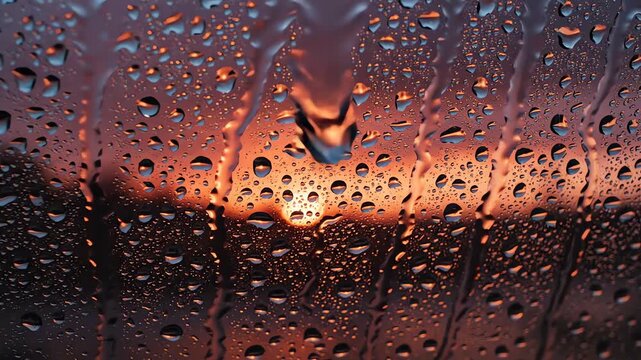 Heavy rain streaks on glass during intense orange sunset